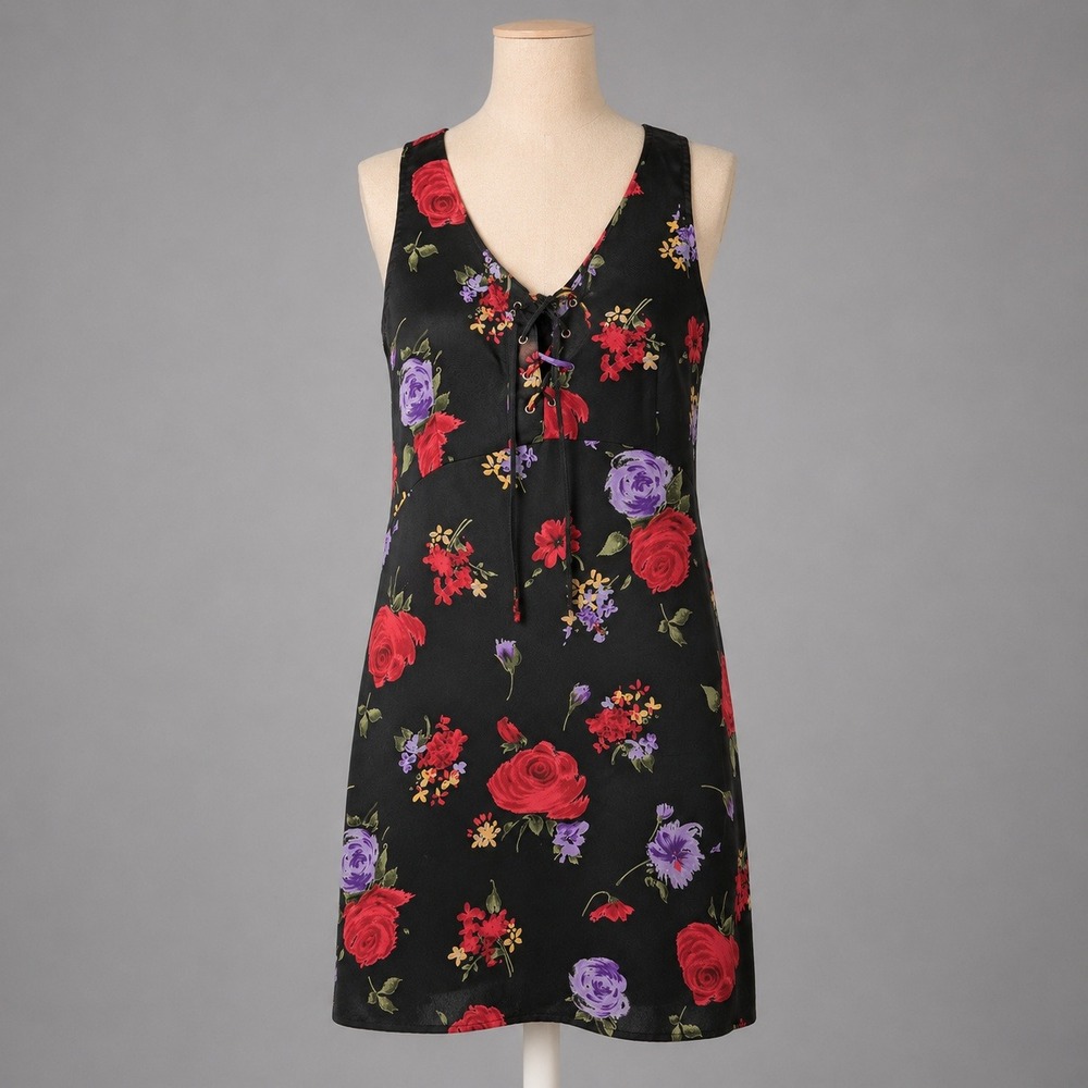 Vintage 90s Floral‎ Lace Up Babydoll Mini Dress Size M Black Rose Dark Romantic
